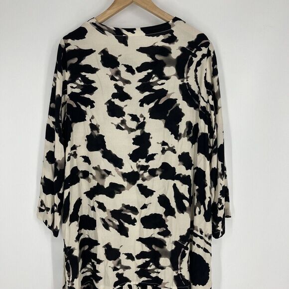 Alembika Dress Size 2 6-8 Black White Tribal Print 3/4 Sleeve V Neck Midi Shift - Picture 7 of 11